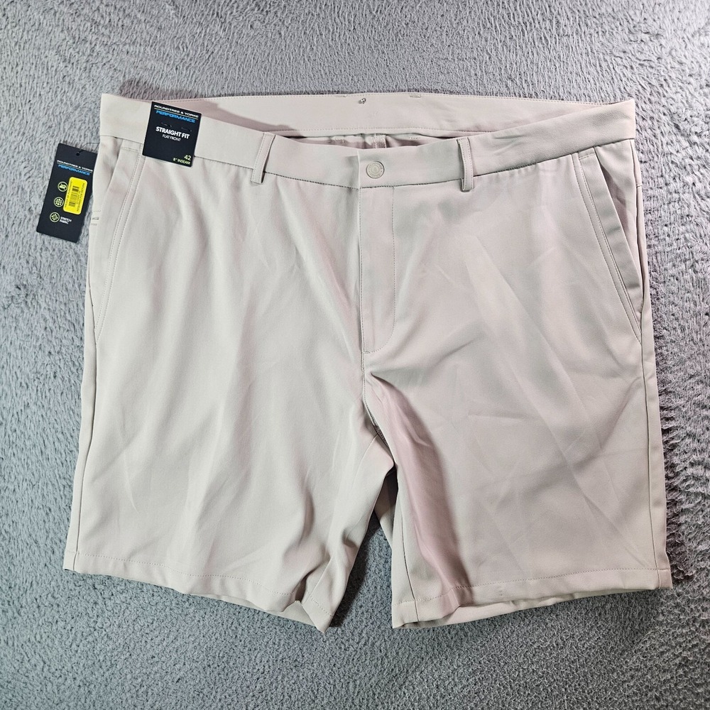 NWT Roundtree & Yorke Performance Shorts Men 42 x 8" Flat Front Light Khaki